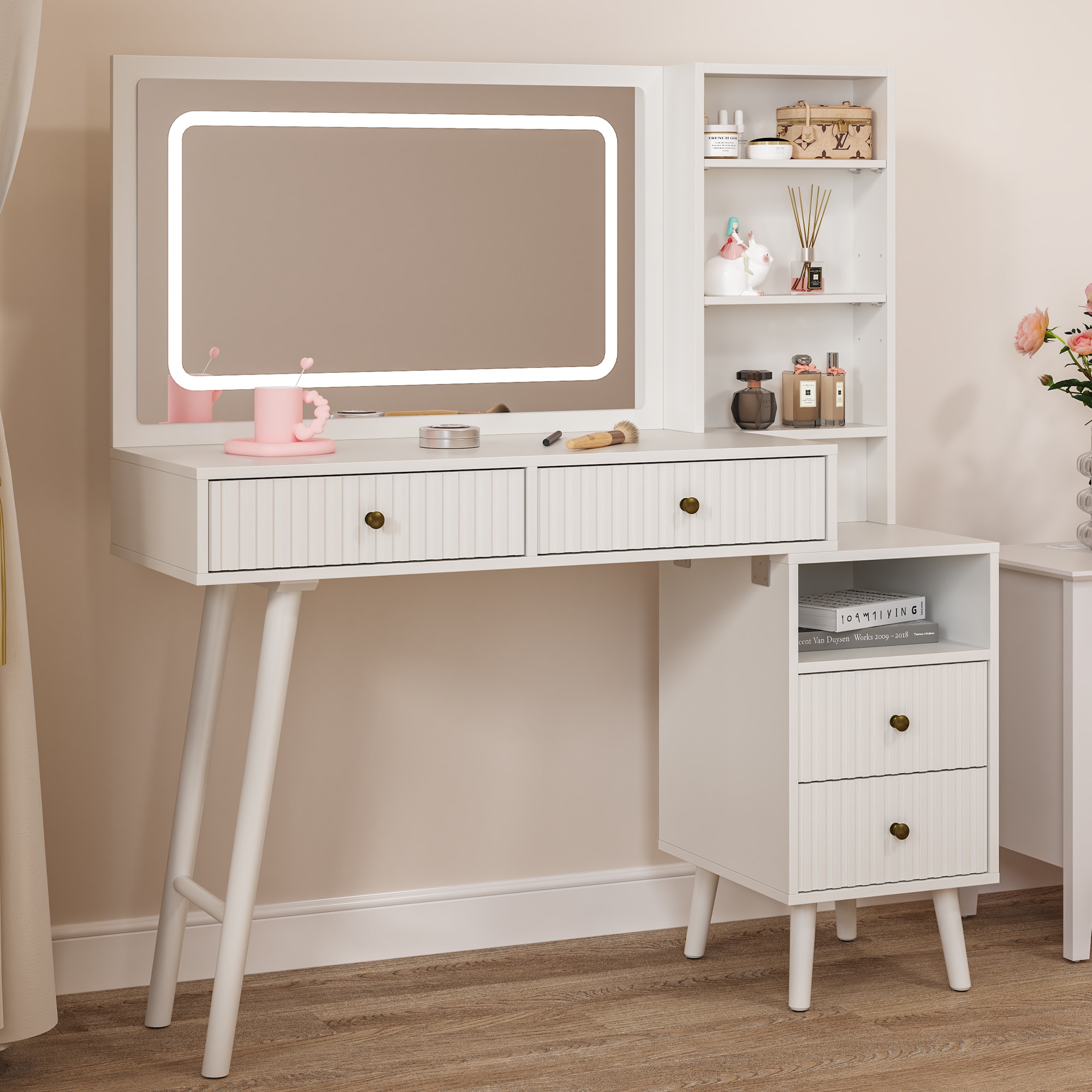 Fluted Vanity Desk With LED Lighted Mirror, Makeup Table With Drawers, 3 Lighting Colors Touch Control, For Bedroom, White_voghion.com